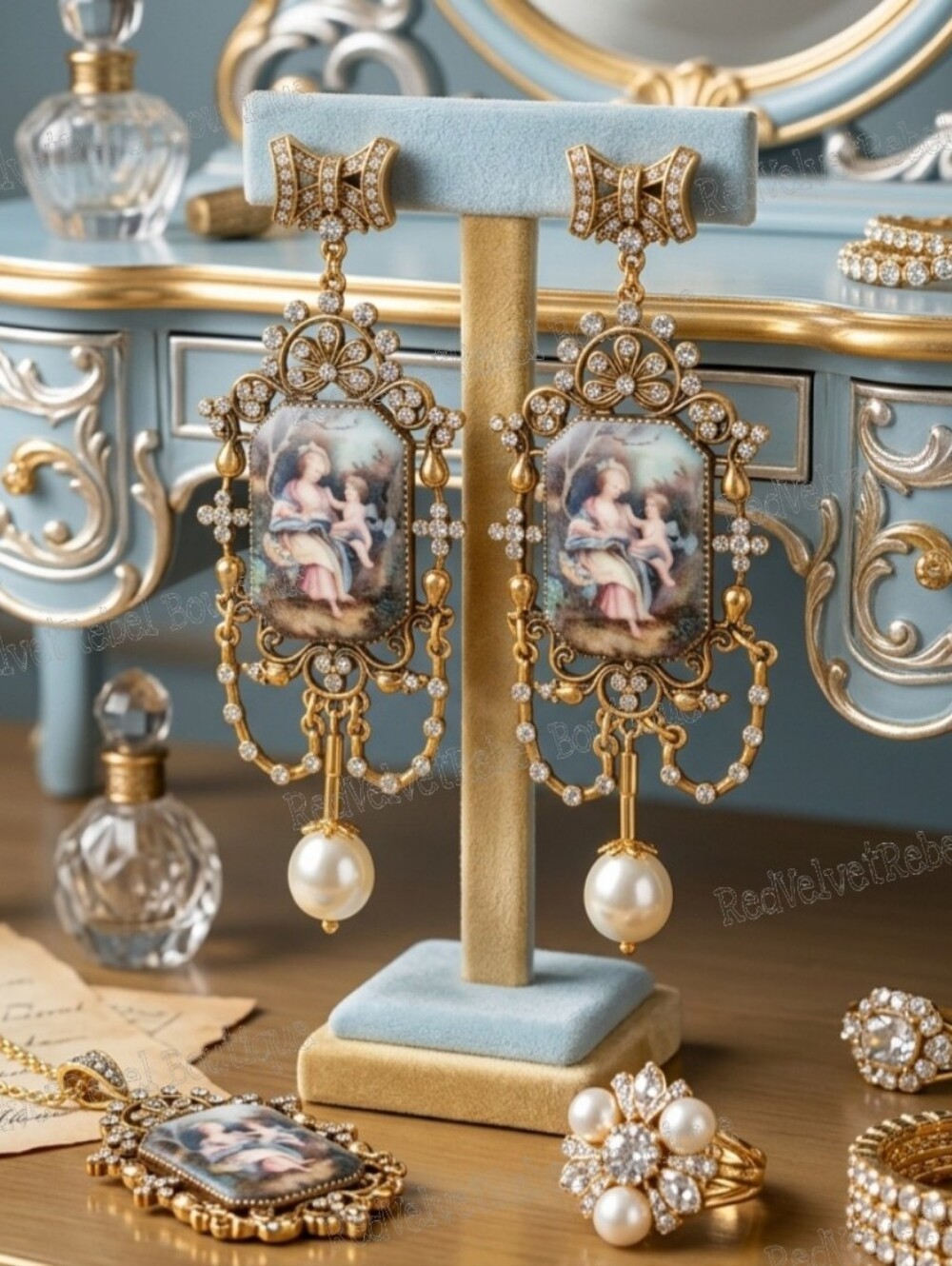Vintage Estate Parisienne  Versaille Palace Crystal Oil Painting Gold Earrings